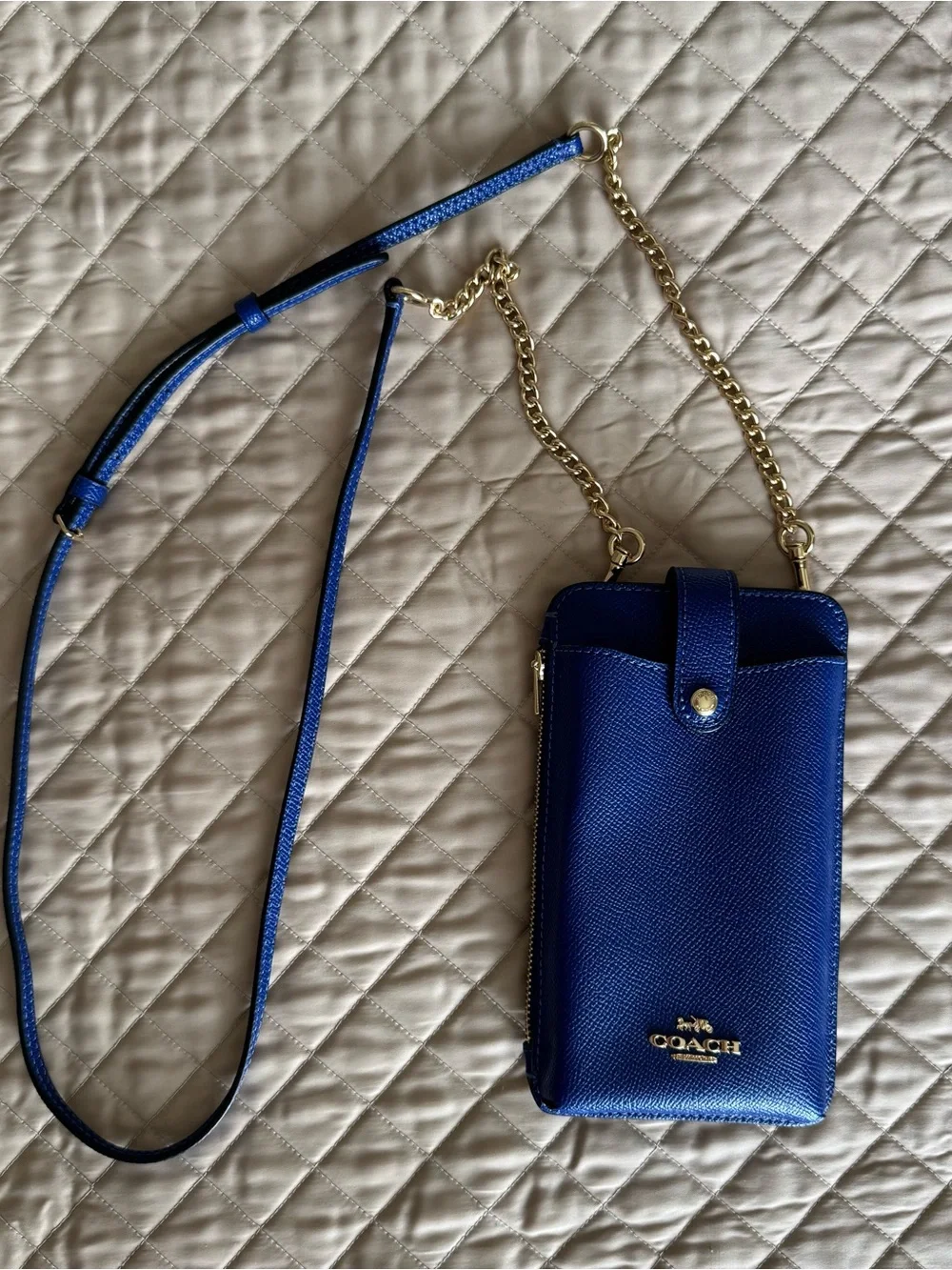 Coach Electric Blue Leather Phone Crossbody Bag with Gold Hardware